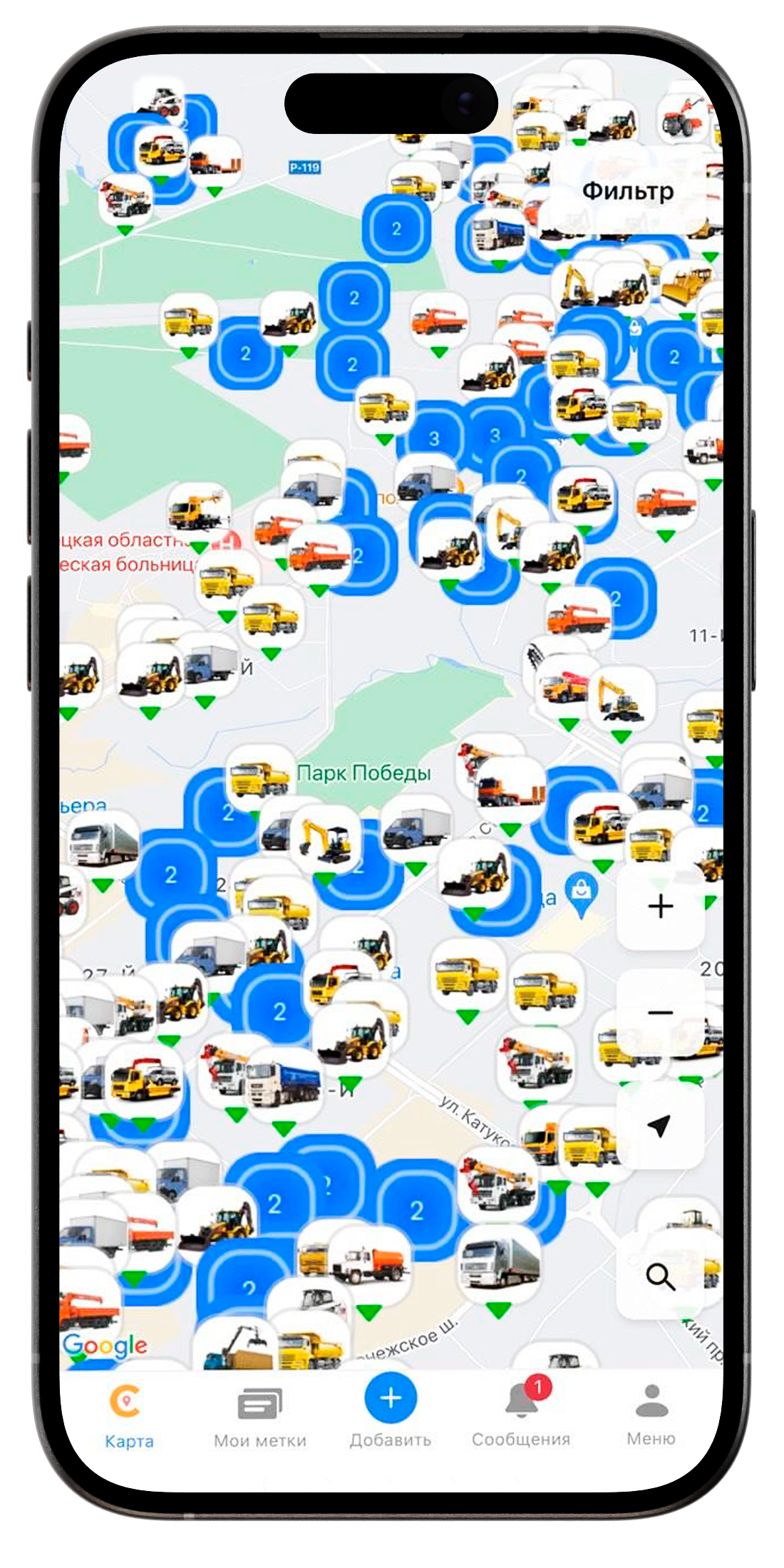 Интерактивная карта аренды спецтехники в приложении Сами